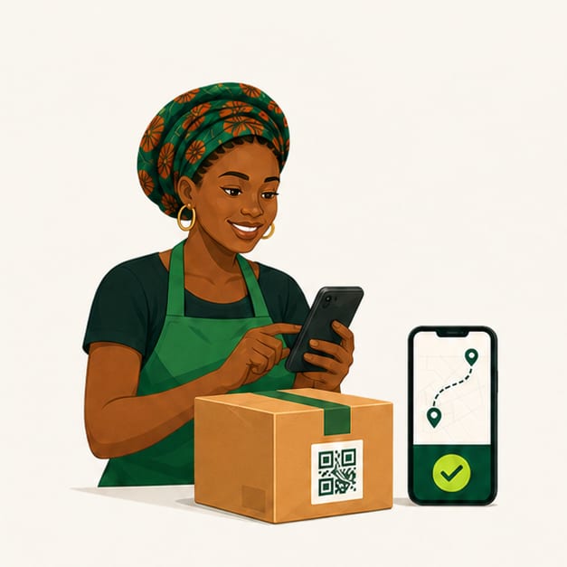 A merchant creates a waybill on her phone beside a parcel.