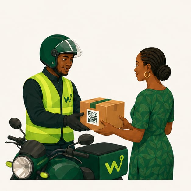 A rider takes a parcel from a customer at the handoff.