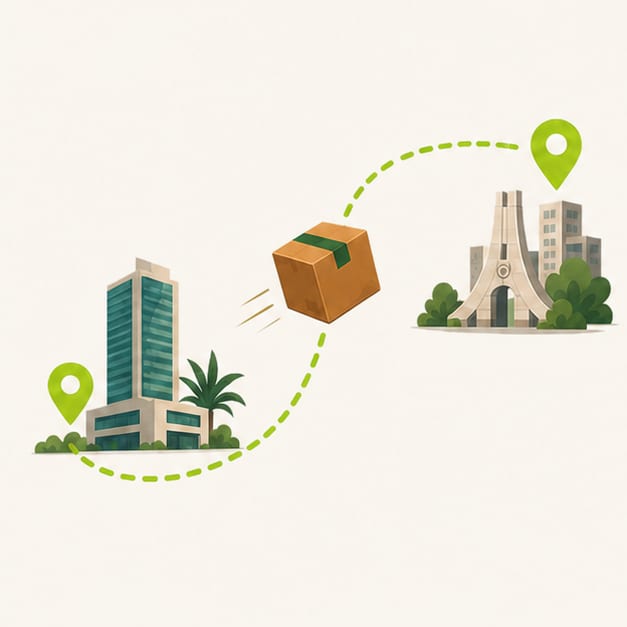 A parcel travels along a route between two city landmarks.